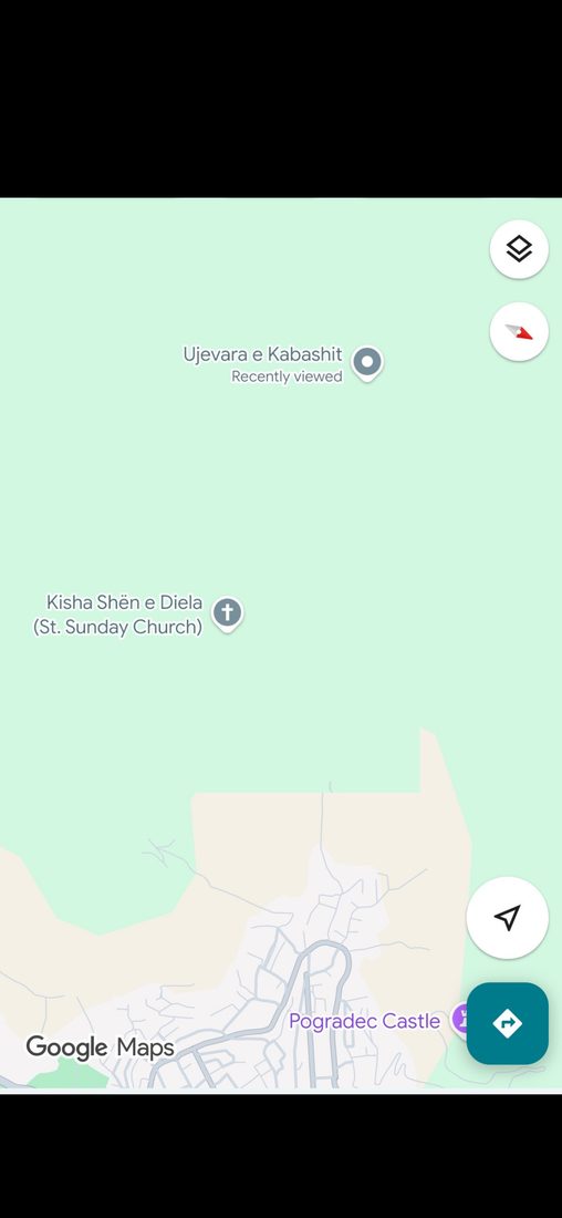 Google Maps showing Kisha Shën e Diela church, Pogradec and the Kabash waterfalls close together
